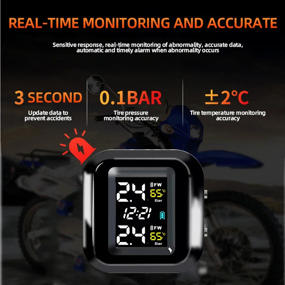 Sistema de Monitoreo de presión de neumáticos TPMS para motocicleta, Kit de alarma de neumáticos inteligente con 2 sensores externos, accesorios universales para moto - imagen 3