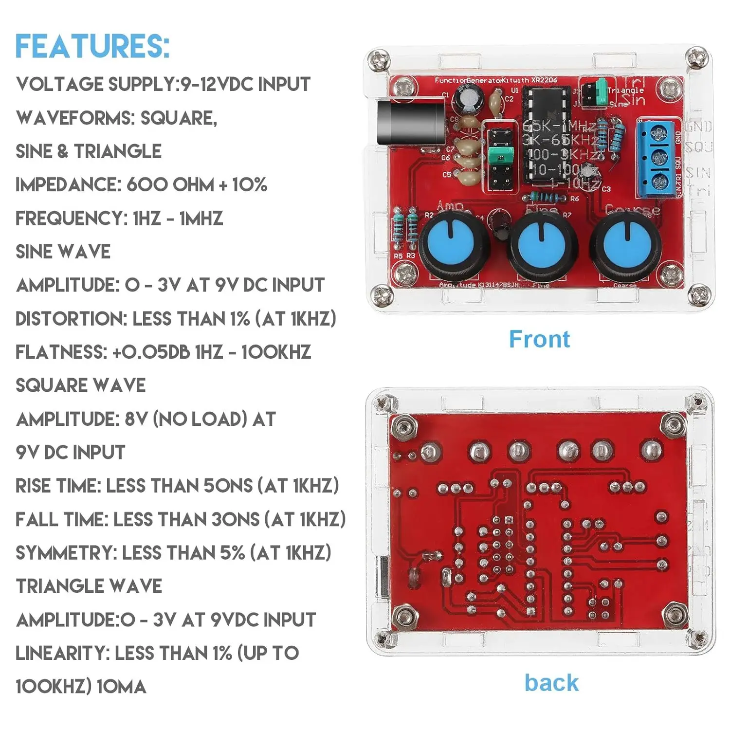 Kit de generador de señal, módulo de frecuencia de generador de señal de función precisa XR2206, kit de bricolaje, salida cuadrada triangular sinusoidal ajustable - imagen 2
