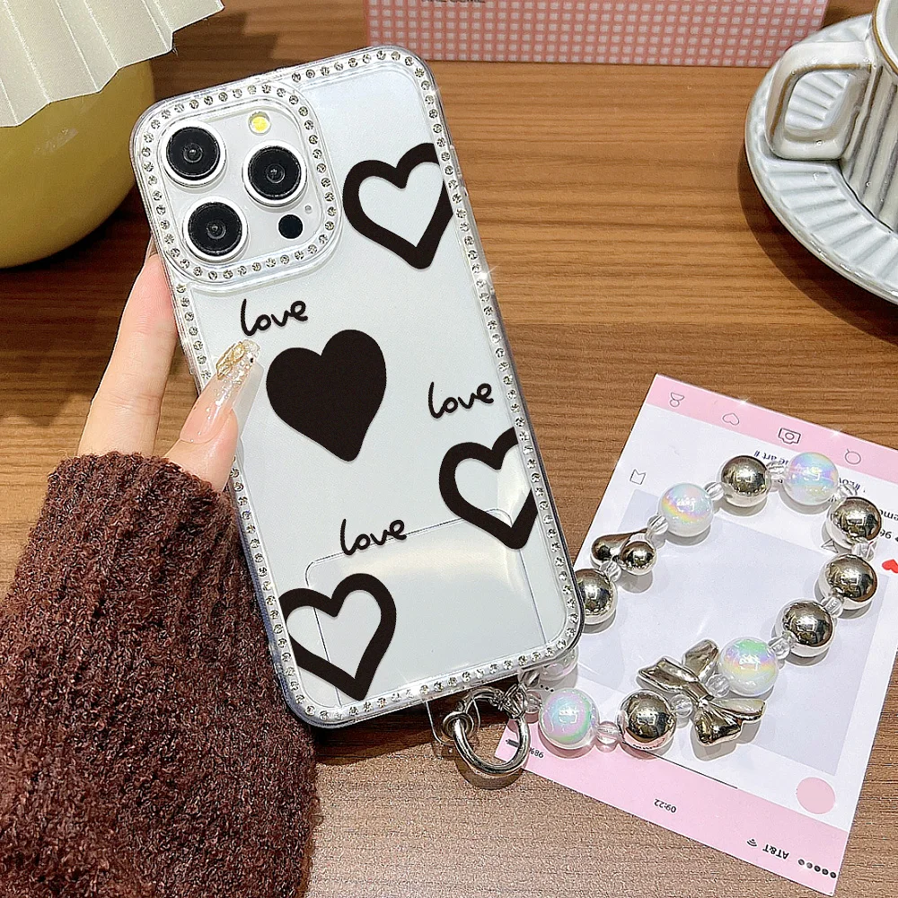 Funda de teléfono Diamond Love Heart para iPhone 17 Pro Max 15 16 11 13 14 12 Air transparente a prueba de golpes Funda parachoques con cordón - imagen 3