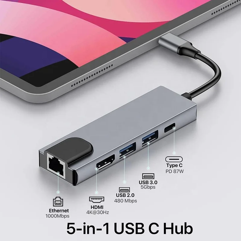 Adaptador HDMI 5 en 1 4K USB-C USB C Hub tipo C a HDMI 4K USB 3,0 2,0 1000Mbps Gigabit Ethernet PD convertidor adaptador de concentrador de carga - imagen 2