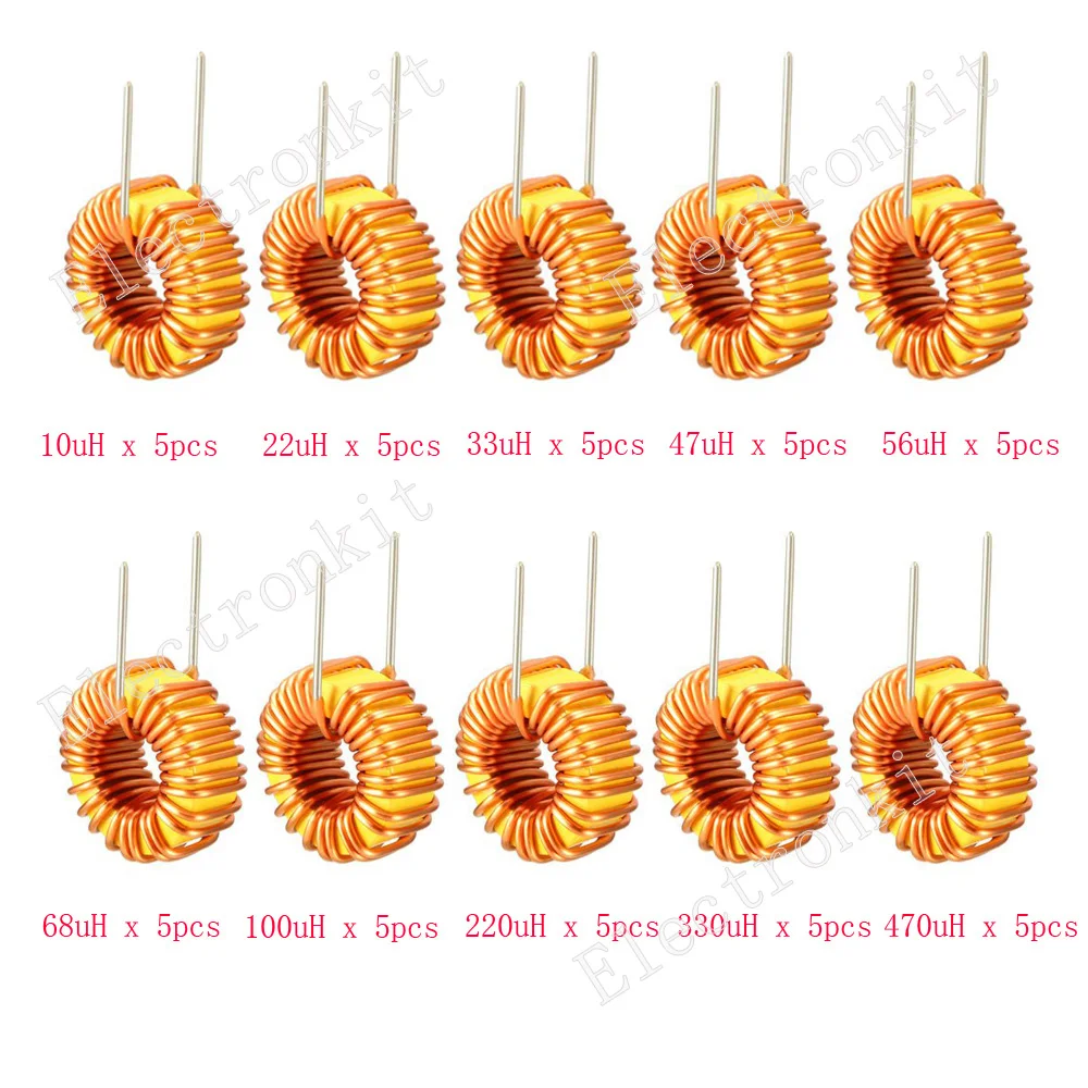 Inductor de núcleo de Toroide, caja de kit de bobinado de alambre 10uH 22uH 33uH 47uH 47uH 56uH 100uH 220uH 330uH 470uH, 50 piezas - imagen 2