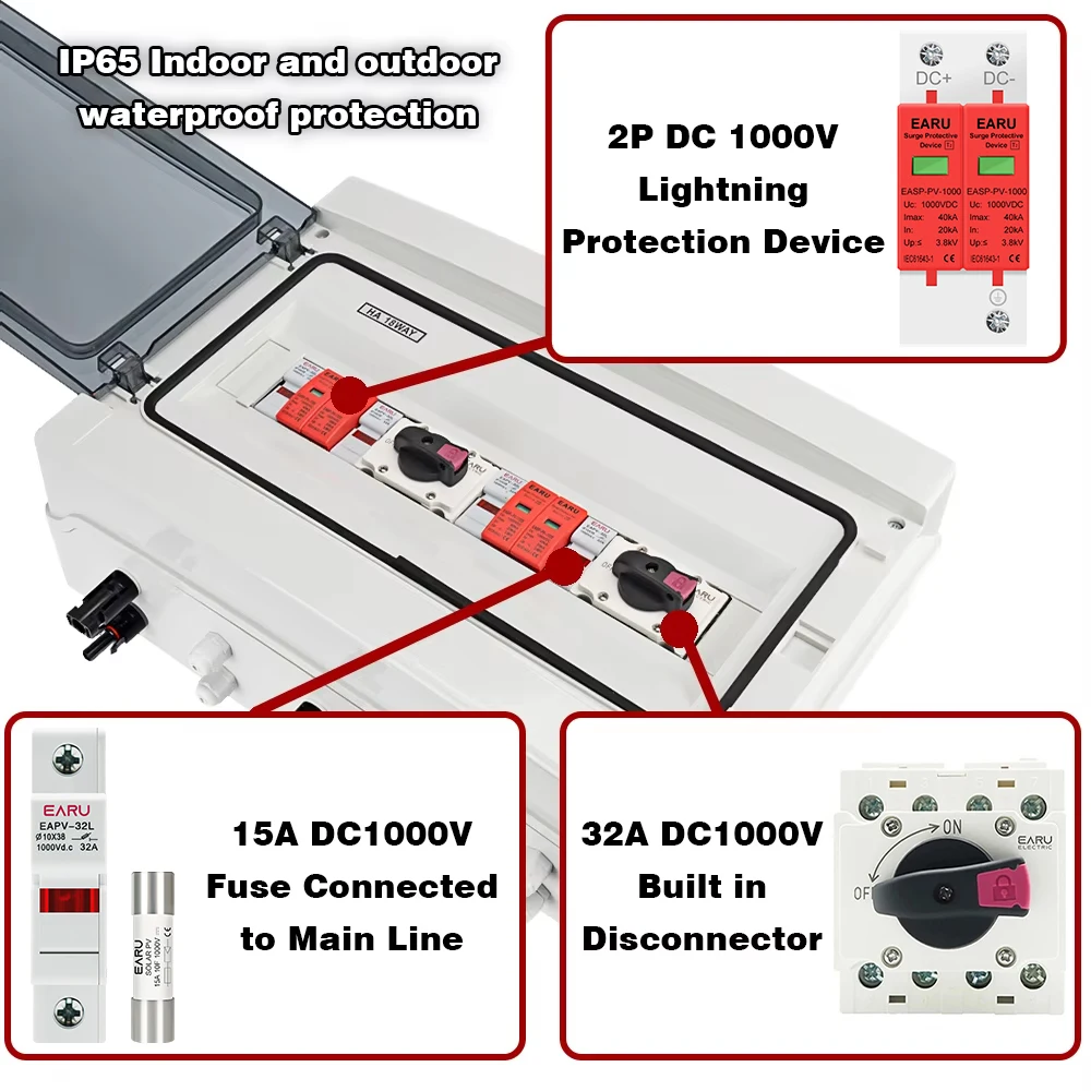 Caja combinadora Solar fotovoltaica PV, 1000V CC, 2 entradas y 2 salidas, con protección contra sobretensiones, fusible CC MCB SPD, caja impermeable IP65 - imagen 4