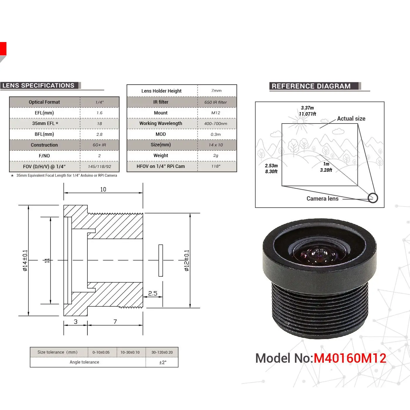 Arducam Lente de longitud focal de 1,6 mm con montura M12 de 1/4" M40160M12 - imagen 4