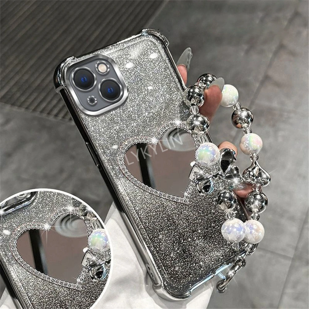 Funda de teléfono de lujo con pulsera a prueba de golpes para Samsung A53 A52 A32 A13 A23 A33 A73 A12 A22 A03 Core A51 cubierta de espejo de corazón brillante