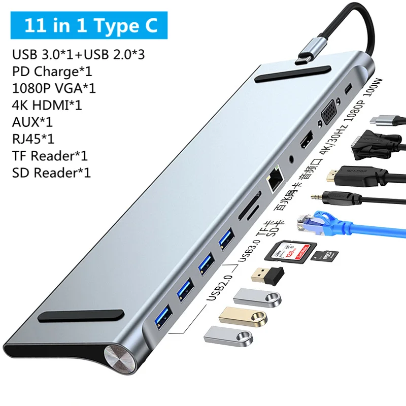 Base tipo C 11/12 en 1, concentrador USB C 3,0, divisor, adaptador multipuerto 4K RJ45 SD/TF VGA, compatible con HDMI, portátil, MacBook, iPad, xiaomi - imagen 2