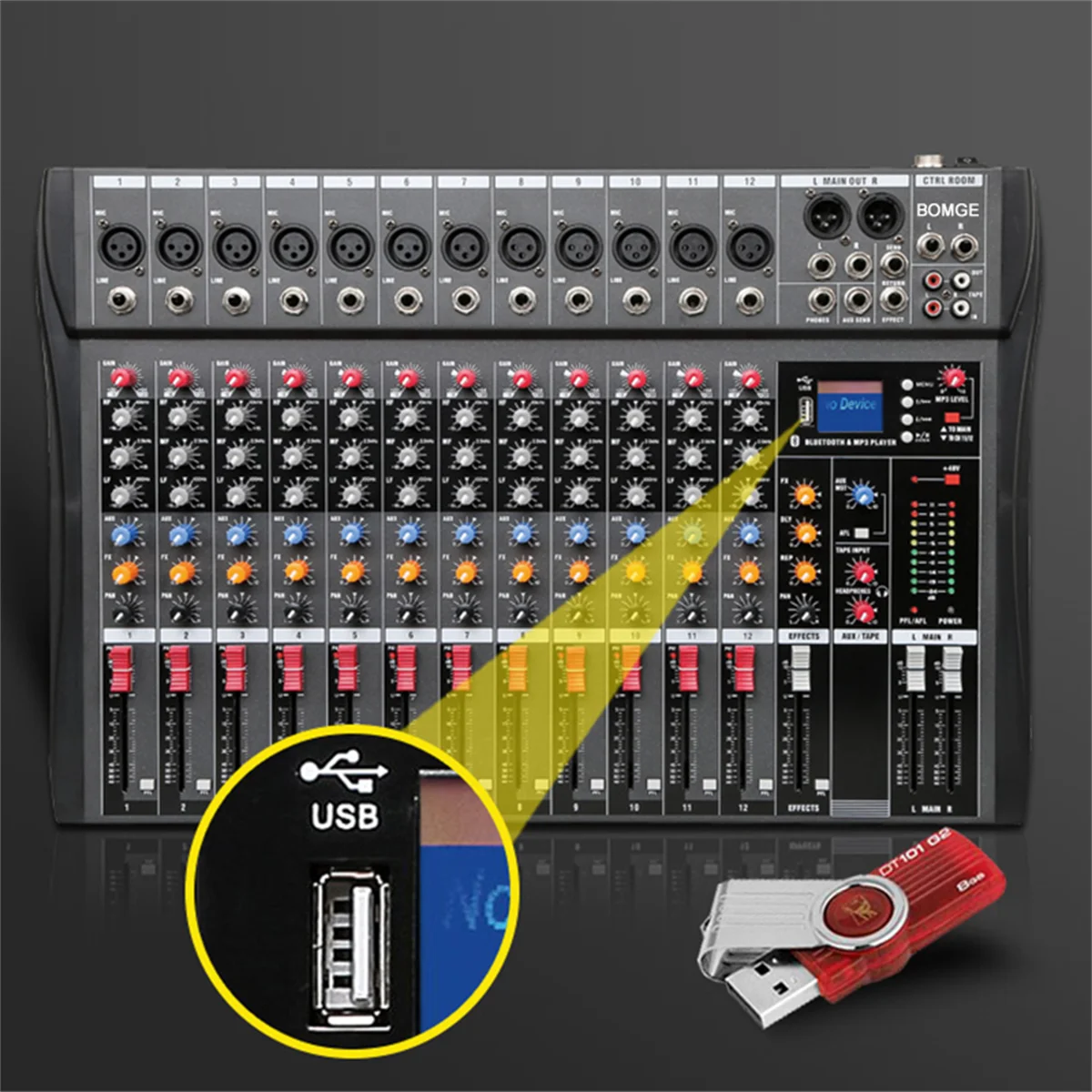 BOMGE Mezclador de audio de 12 canales Consola mezcladora de sonido con Bluetooth USB Entrada de grabación de PC Micrófono XLR Jack Entrada RCA de alimentación de 48 V - imagen 3