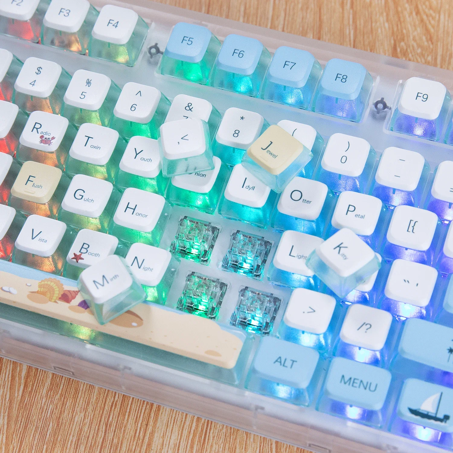 Tapa de tecla de playa de verano azul claro, perfil ASA PBT + PC, teclas de pudín translúcidas de cuatro lados, bonitas tapas de teclado de ballena y estrella de mar