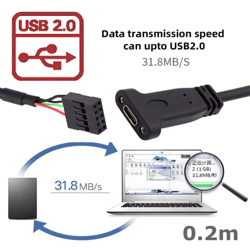 Cable de 0,2 m USB 3,1 tipo C USB-C hembra a USB 2,0 placa base Cable de cabecera de 9 pines y 10 pines con soporte de puerto único