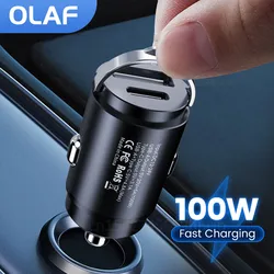 Olaf 100W Mini cargador de coche puertos duales anillo de tracción carga rápida tipo C PD adaptador de coche para iPhone 13 12 Xiaomi Huawei Samsung QC3.0