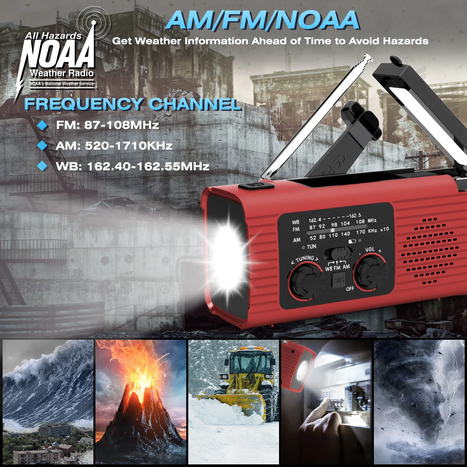 Manivela manual de emergencia multifunción AM/FM/NOAA Radio de supervivencia portátil con banco de energía de 4000mAh cargador de teléfono Solar linterna LED - imagen 4