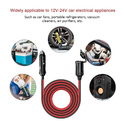 Base de encendedor de cigarrillos resistente, cable de extensión de toma de corriente con luz indicadora, cubierta impermeable, 12V/24V, 5m, 26 pies