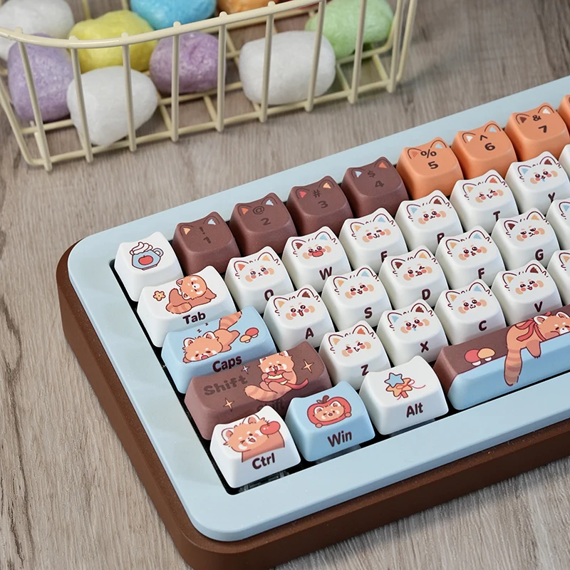 Juego de teclas de mapache pequeño, sublimación térmica PBT, MAO, bonitas tapas de teclado mecánico con cabeza de gato, 128 teclas, teclas personalizadas en color naranja y marrón - imagen 2