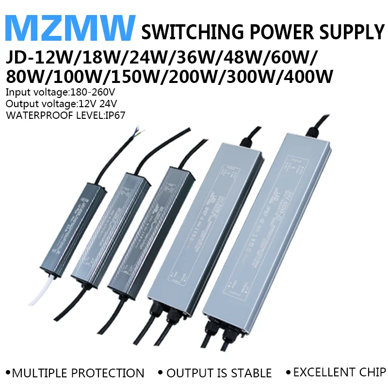 Fuente de alimentación conmutada impermeable IP67, adaptador de transformadores de iluminación de 12W, 18W, 24W, 48W, 60W, 100W, 200W, 300W, 400W, 12V y 24V