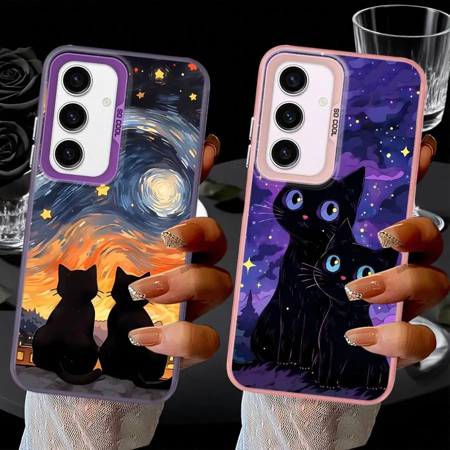 Funda para Samsung Galaxy A26 A23 A73 A33 A34 A32 A25 A53 A24 A22 A52 A36 funda trasera para teléfono cielo estrellado gato dibujos animados