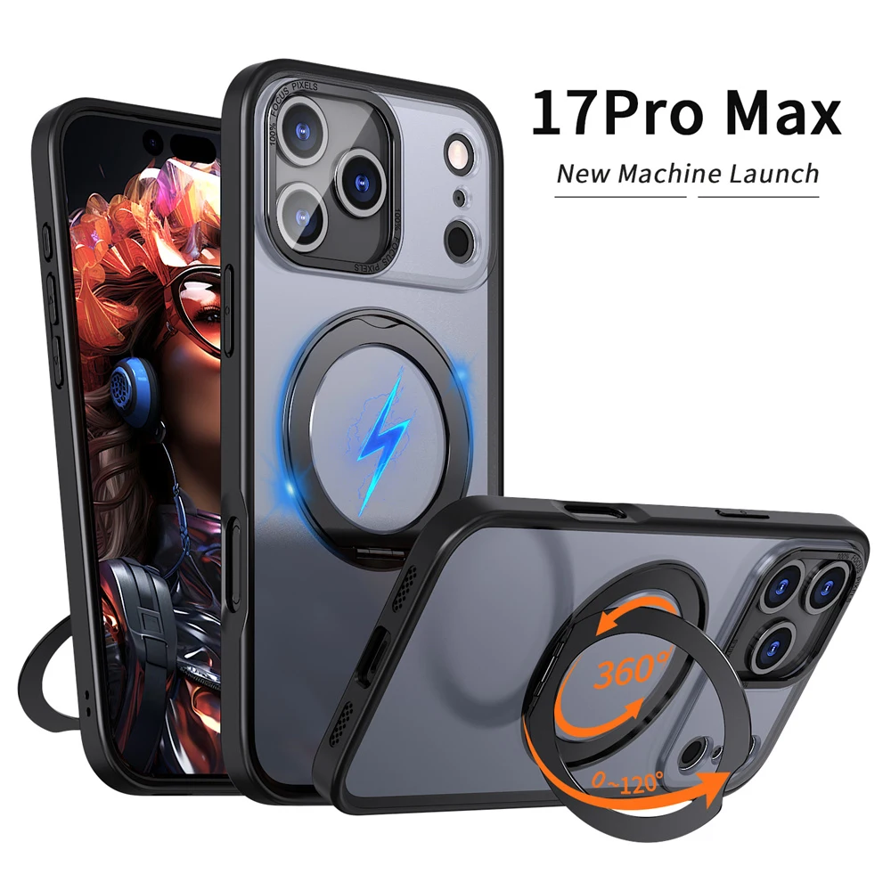 Funda de teléfono con soporte plegable y anillo magnético giratorio de lujo para iPhone 17 Air 15 16 Pro Max 14 13 12 11, Protector de lente, cubierta acrílica transparente