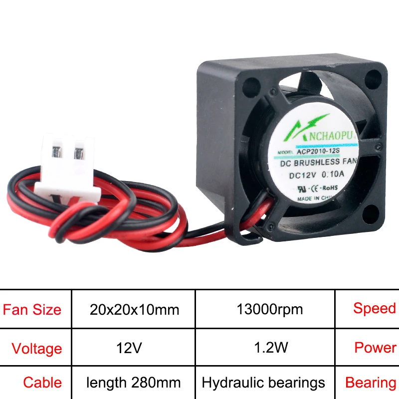 Micro ventilador de refrigeración ACP2010 2cm 20mm 20x20x10mm DC5V 12V 24V 0.10A 2 pines para fuente de alimentación de impresora Raspberry Pi - imagen 5