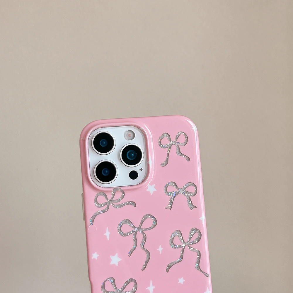 Bonitos lazos huecos arco brillo a prueba de golpes protector rosa funda de teléfono para IPhone 13 15 14 16 17 Pro Max encantadora funda ostentosa - imagen 5