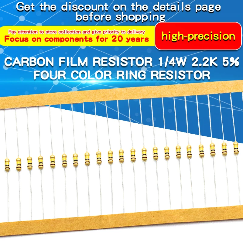 100pcs 1/4W Carbon Film Resistor 100Ω~220KΩ 5% Resistance 100 120 300 330 1K 1.5K 2.2K 3.3K 10K  20K 100K 150K 220K Ohm - imagen 2