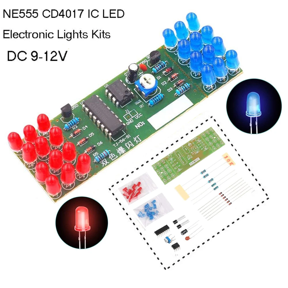 Kits de luces electrónicas LED NE555 CD4017 IC, Kit DIY de doble Color rojo y azul, traje electrónico estroboscópico, componentes de luces intermitentes DIY