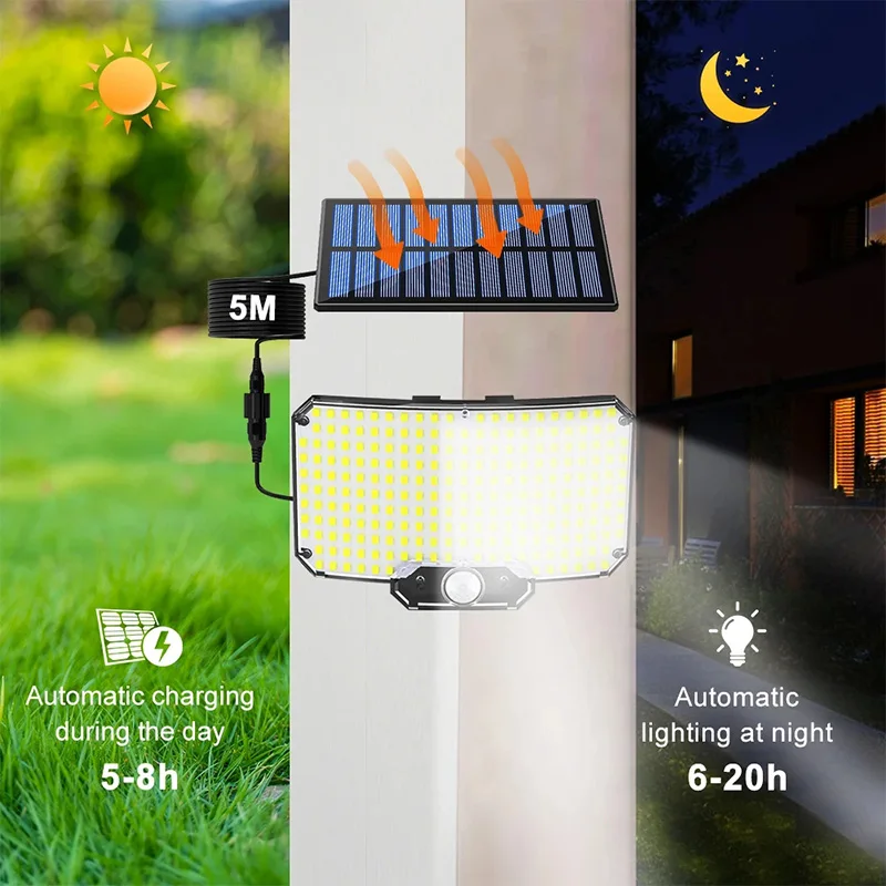 Luces LED de seguridad solares con Sensor de movimiento para exteriores, luz de inundación 234LED IP65, lámpara de pared dividida impermeable, alimentada por energía Solar, 3 modos - imagen 5