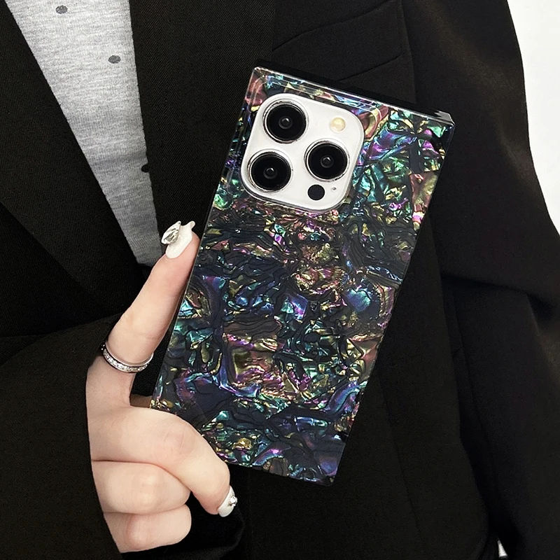 Funda rectangular de lujo con diseño de concha de perla de Color arcoíris para iPhone 16 17 Pro Max 15 14 13, funda trasera de TPU suave única a la moda - imagen 4