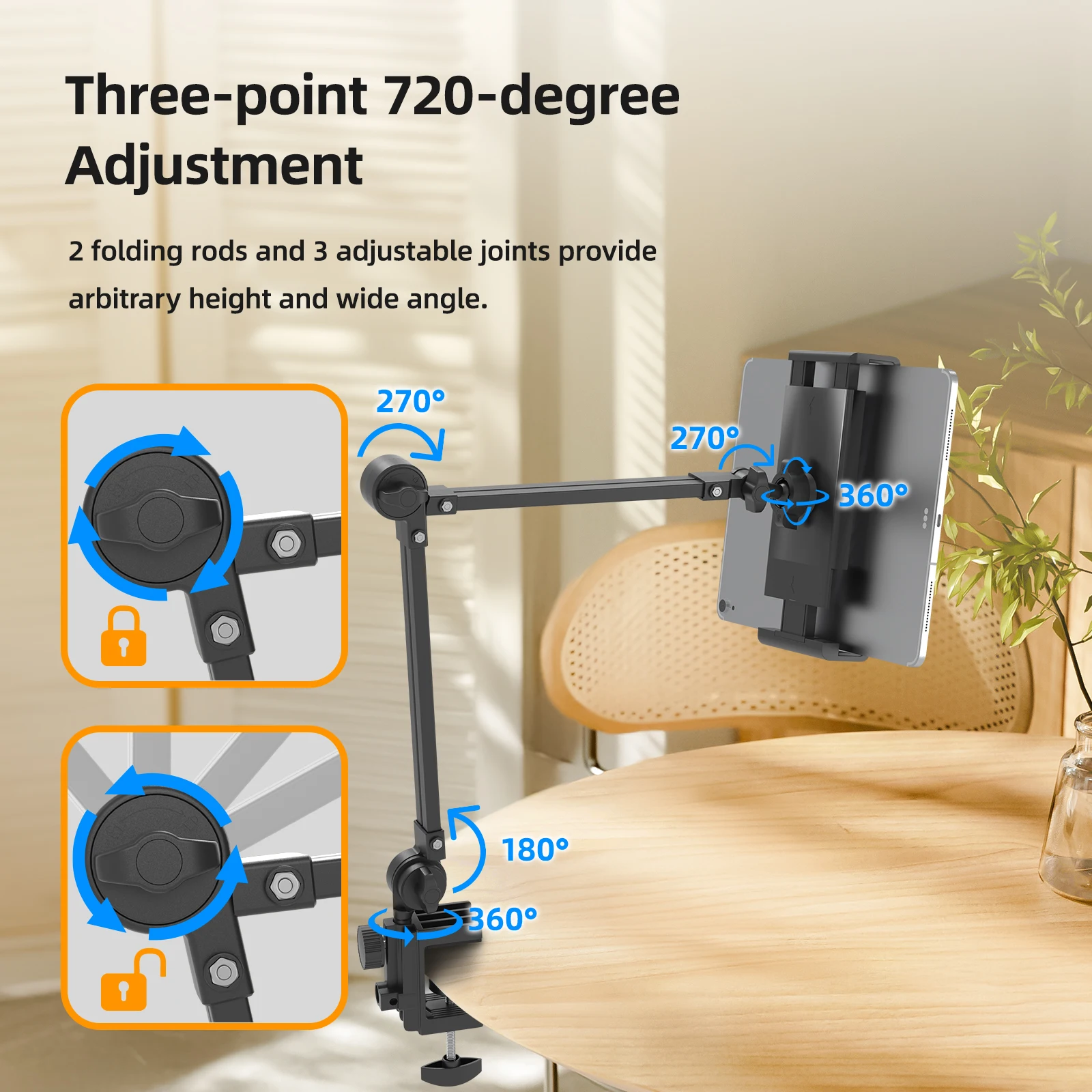 Brazo mecánico de tres secciones para tableta, soporte de metal para teléfono móvil, mesita de noche, soporte cantilever para ipad, vídeo de escritorio, tipo universal - imagen 3