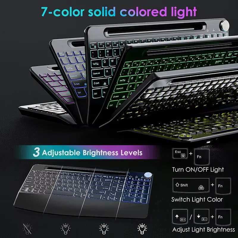 Teclado inalámbrico retroiluminado, teclado iluminado ergonómico de tamaño completo con reposamuñecas, soporte para teléfono, teclado silencioso recargable de 2,4 GHz - imagen 5