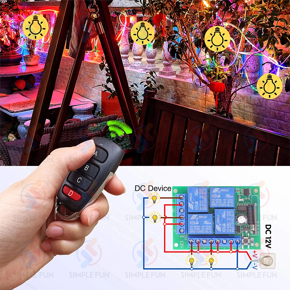Interruptor de luz con Control remoto inalámbrico Universal, 433Mhz, CC de 12V, 4 canales, receptor de relé RF, alcance de 60m para luz/puerta de garaje/LED DIY - imagen 3