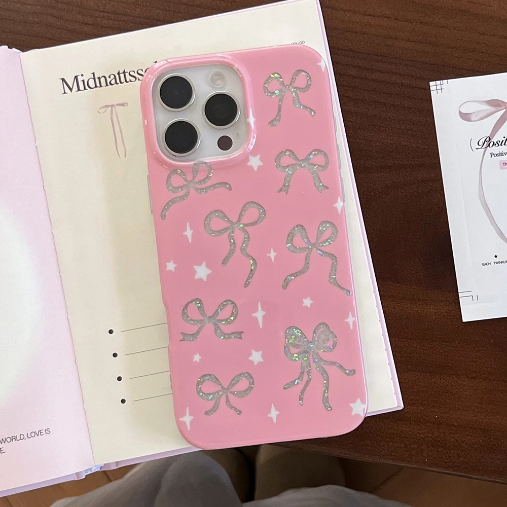 Bonitos lazos huecos arco brillo a prueba de golpes protector rosa funda de teléfono para IPhone 13 15 14 16 17 Pro Max encantadora funda ostentosa - imagen 2