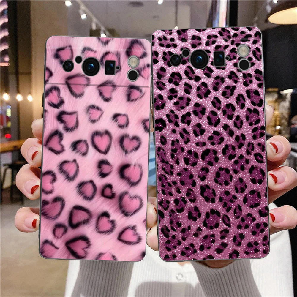 Funda de teléfono con estampado de leopardo rosa para Google Pixel 10 9 8 7 6 Pro XL 9A 8A 6A 7A 5G, funda negra de TPU suave a prueba de golpes - imagen 2