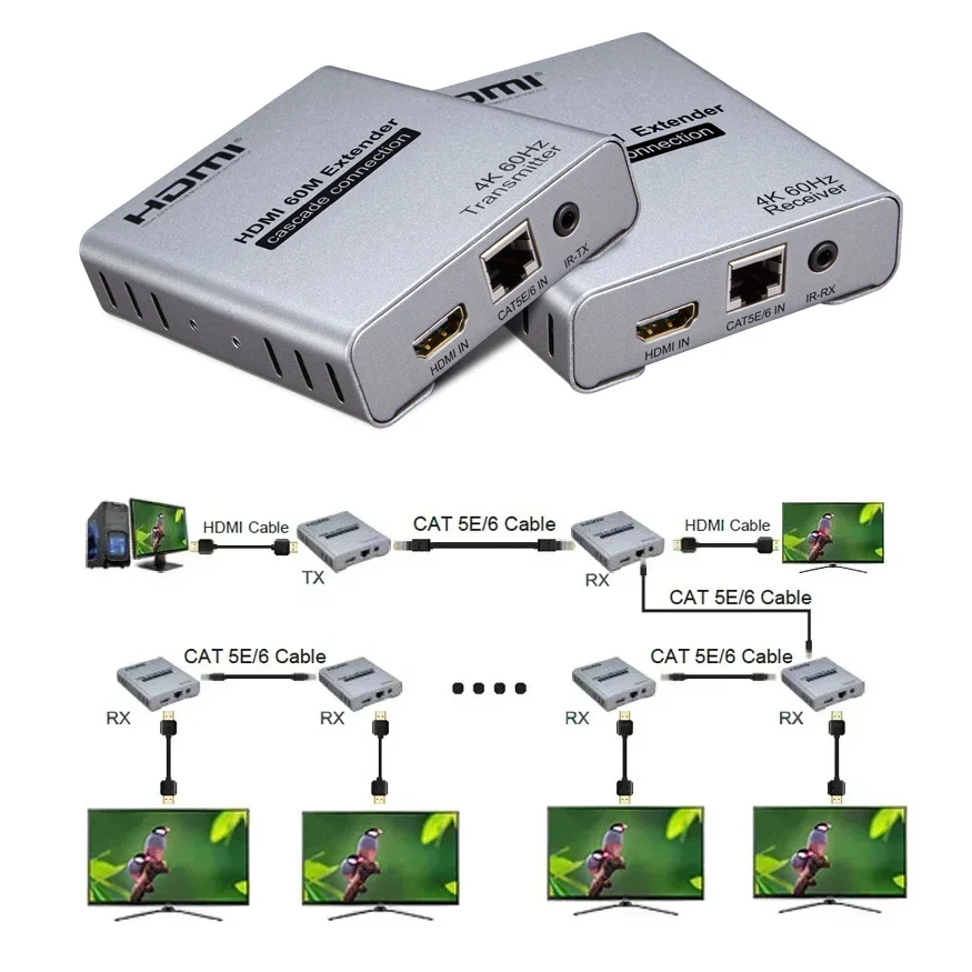 Extensor 4K 60HZ HDMI 2,0 60M 1080P 120M a través de Ethernet RJ45 CAT5e Cat6 Cable conexión en cascada para PS4 portátil PC a proyector de TV - imagen 3