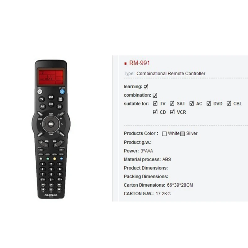 CHUNGHOP-mando A distancia Universal inteligente RM991, Control remoto de aprendizaje multifuncional para TV/TXT, CD DVD, VCR,SAT/CABLE y A/C - imagen 3