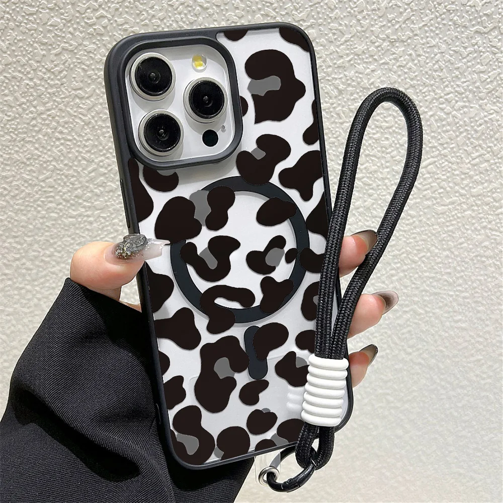 Funda de teléfono con estampado de leopardo magnético con cordón de lujo para iPhone 17 16 Pro Max 13 11 15 14 12 17promax cubierta mate acrílica a prueba de golpes
