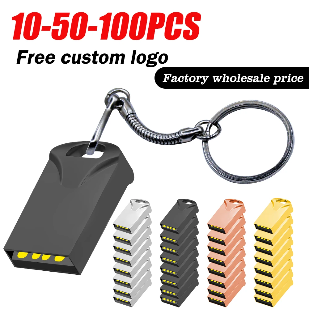 10/50/100 Uds. Unidad Flash Pendrive de Metal 2,0 con logotipo personalizado 64GB 34GB 16GB 8GB 4GB Pen Drive Cle USB en memoria clave para regalo de boda