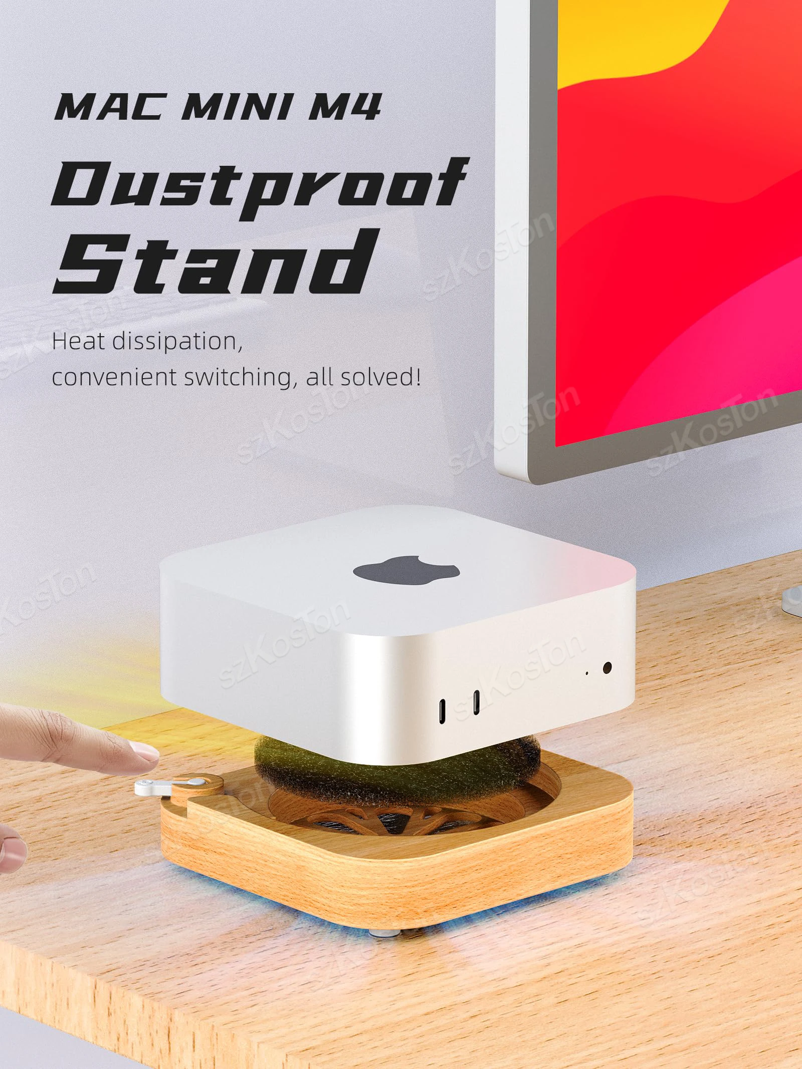 Base de madera a prueba de polvo para Mac Mini M4 y M4 Pro, soporte de escritorio para ordenador con botón de encendido externo, soporte de base de disipación de calor - imagen 2