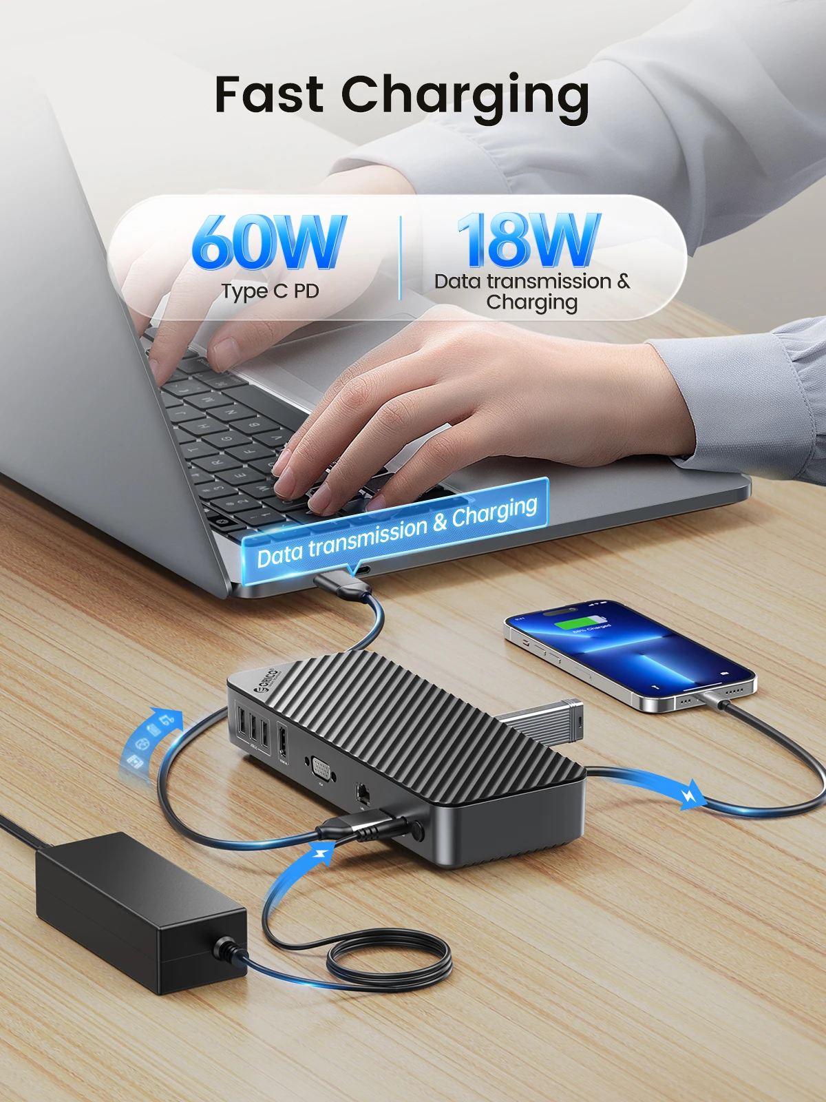 ORICO-estación de acoplamiento de escritorio tipo C a 4K, HDMI-Com, VGA, 3,5mm, Audio, RJ45, PD, USB 3,0, HUB con adaptador de corriente de ajuste de volumen, 19 en 1 - imagen 4