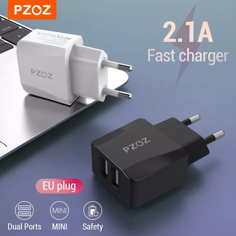 PZOZ-cargador Usb de viaje con enchufe europeo, adaptador de carga rápida 2a, cargador de pared Dual portátil, cable de teléfono móvil para iphone, Samsung y xiaomi - imagen 2