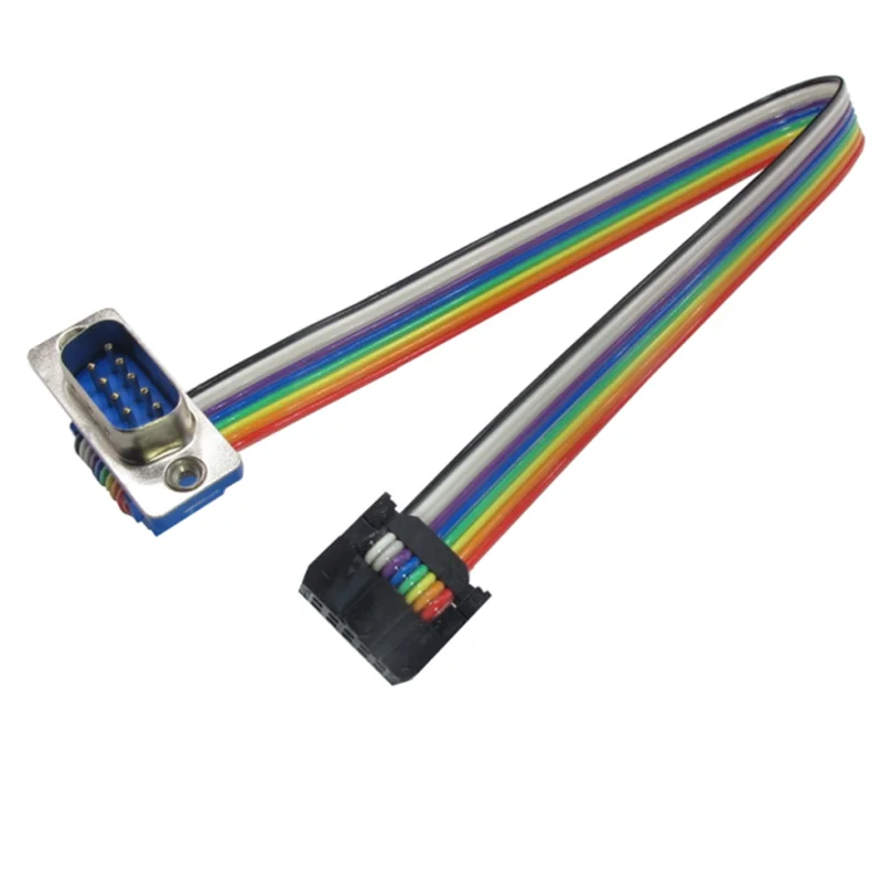 Conector macho D-Sub DB9 de 9 pines a FC-10P IDC hembra 2,54 mm 10 pines arcoíris/cable plano multicolor
