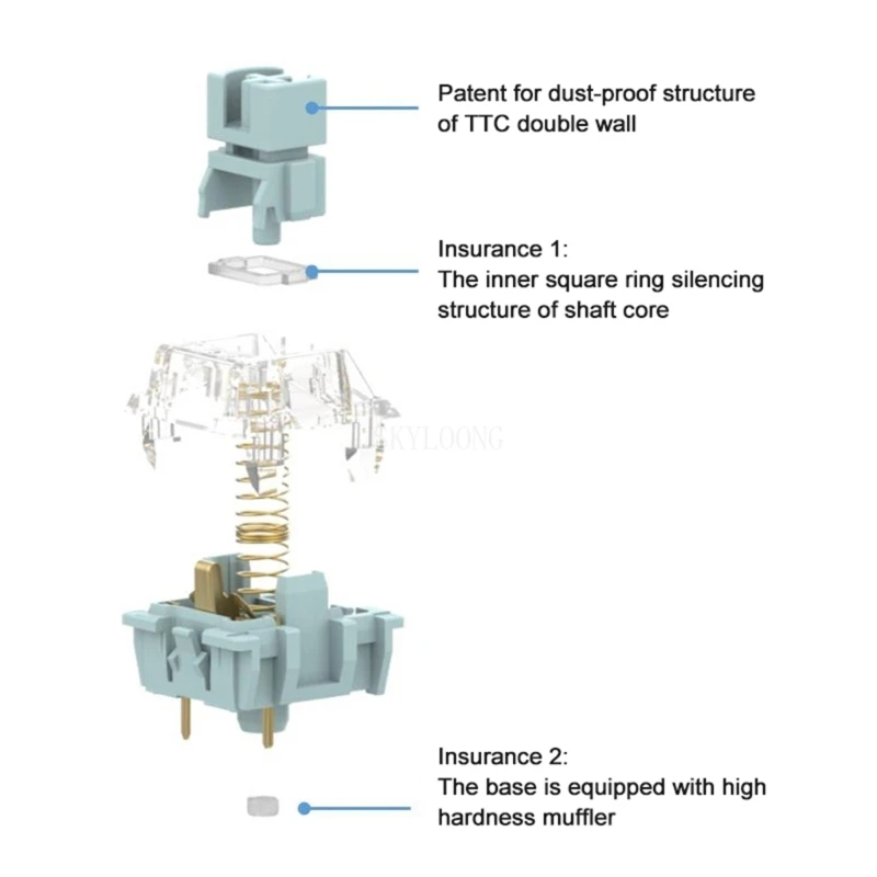 TTC-interruptor blanco azulado silencioso, dispositivo táctil de 3 pines para teclado mecánico, silencioso, 42g, doble eje de resorte chapado en oro personalizado - imagen 3