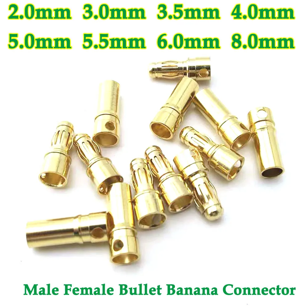 1-10 pares 2mm 3mm 3,5mm 4mm 5mm 5,5mm 6mm 6,5mm 8mm conector tipo bala chapado en oro conector Banana de alta corriente para RC Lipo