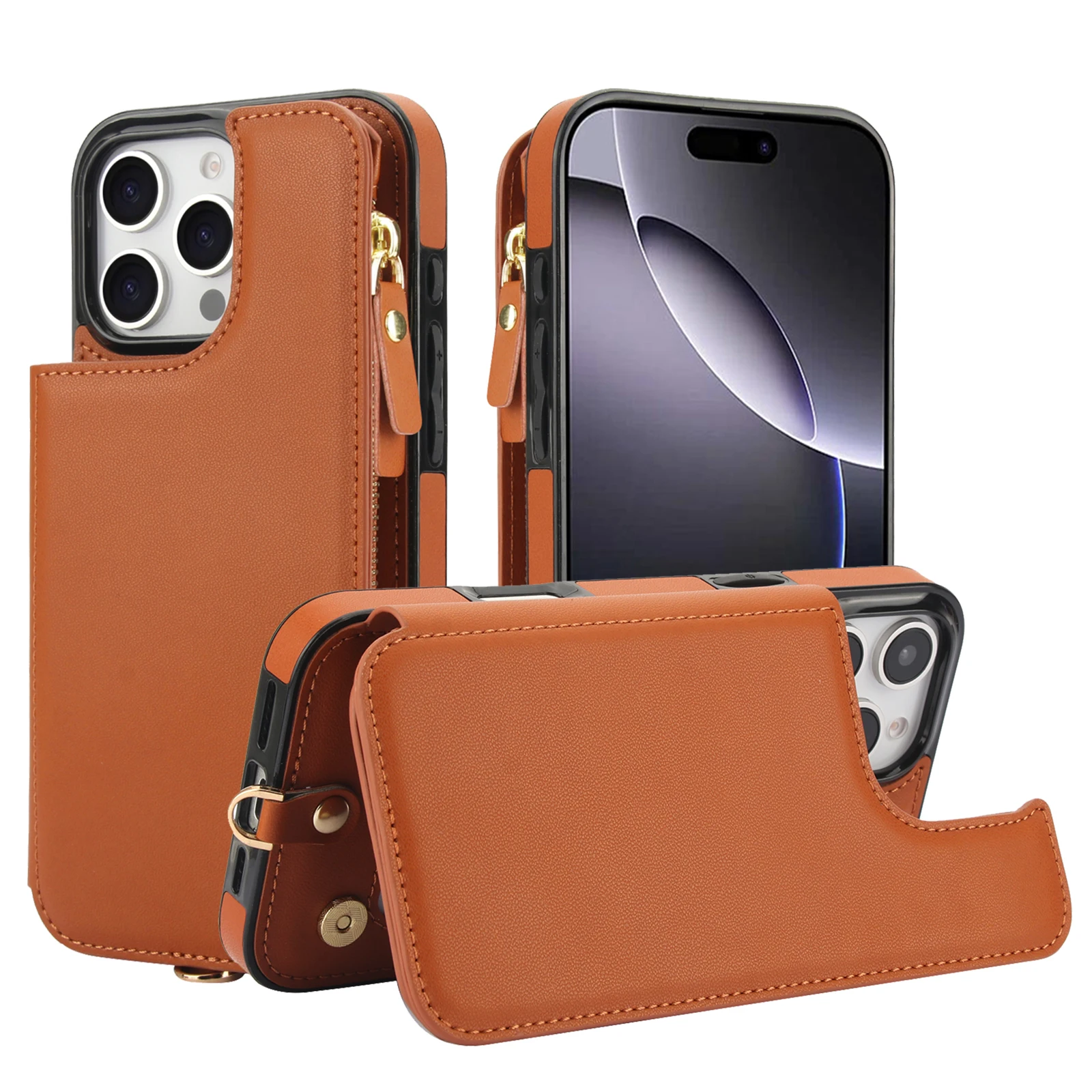 Funda de cuero tipo billetera Solt con múltiples tarjetas y cremallera para iPhone 16 Pro Max 15 Plus 14 13 12 11 XS XR, funda para bolso de bolsillo con correa de mano - imagen 2