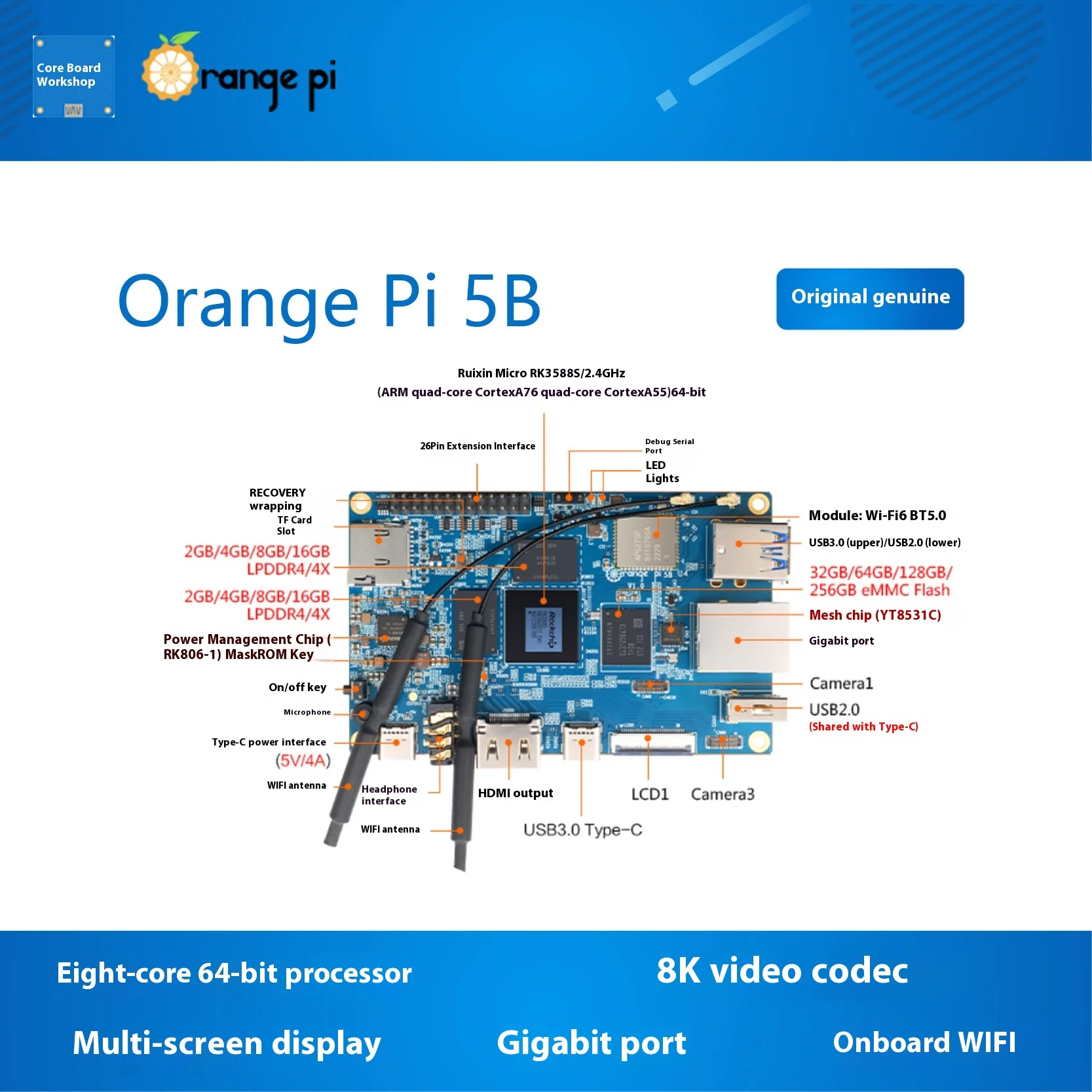 Placa de desarrollo Orange Pi 5B Ruixin Micro 3588S Memoria 4G/8G/16GB - imagen 2