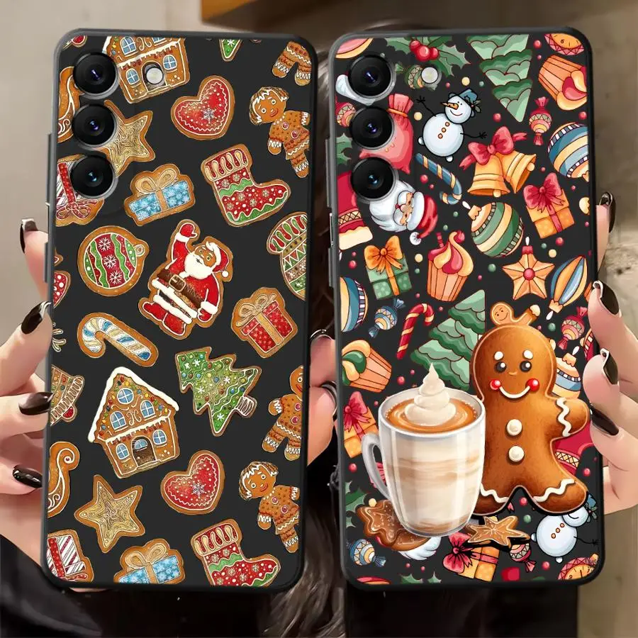 Funda de teléfono suave negra para Samsung Galaxy A30 A15 A05 A70 A17 A40 A16 A10 A12 A04 A50 A06 A20 A13 galletas de dibujos animados de Navidad