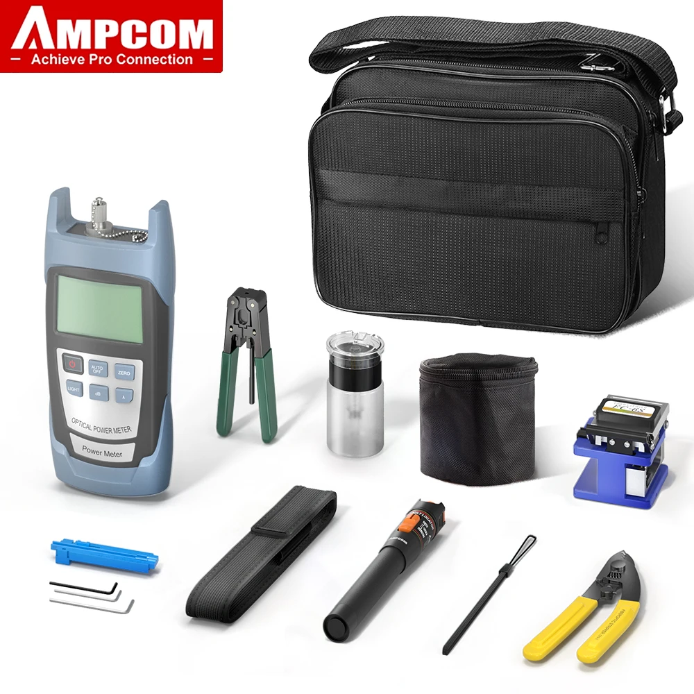 AMPCOM FTTH Kit de herramientas de fibra óptica con cuchilla de fibra FC-6S localizador Visual de fallos medidor de potencia óptica herramienta de pelado de fibra
