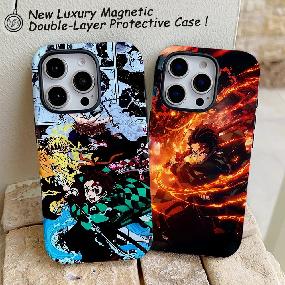 Funda de teléfono Anime Demon Slayer para iPhone 16, 15, 14, 13, 12, 11 Pro Max Plus, funda trasera magnética de lujo de doble capa