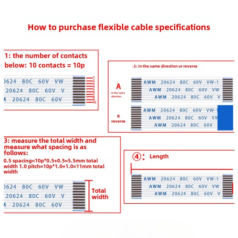 10 Uds Cable plano Flexible FFC FPC AWM 20624 80C 60V VW-1 FFC-0.5MM 4/5/6/8/10/12/14/16/18/20/22/24/26/30/32/34/36/40/45/50/60Pin