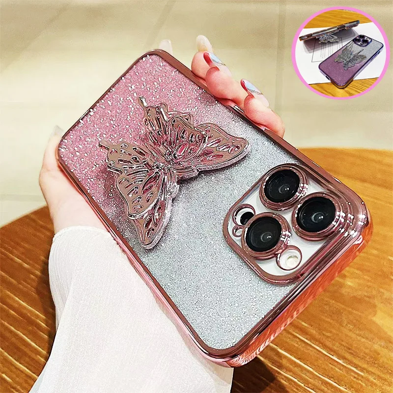 Funda de teléfono con soporte de mariposa chapada con purpurina para Funda Motorola Moto G9 G8 E7 Plus Power Play E6s E14 Edge 20 30