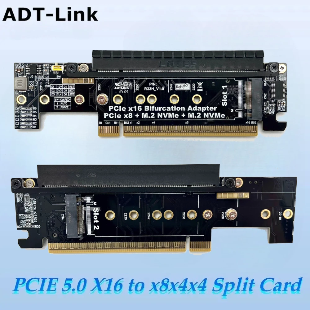 PCIe 5,0 X16 a X8 X4 X4 Split GEN5 Riser Card PCIe x16 adaptador de bifurcación PCIe x8 + M.2 NVMe + M2 NVME para 22110-2230 M.2 NVMe SSD - imagen 2