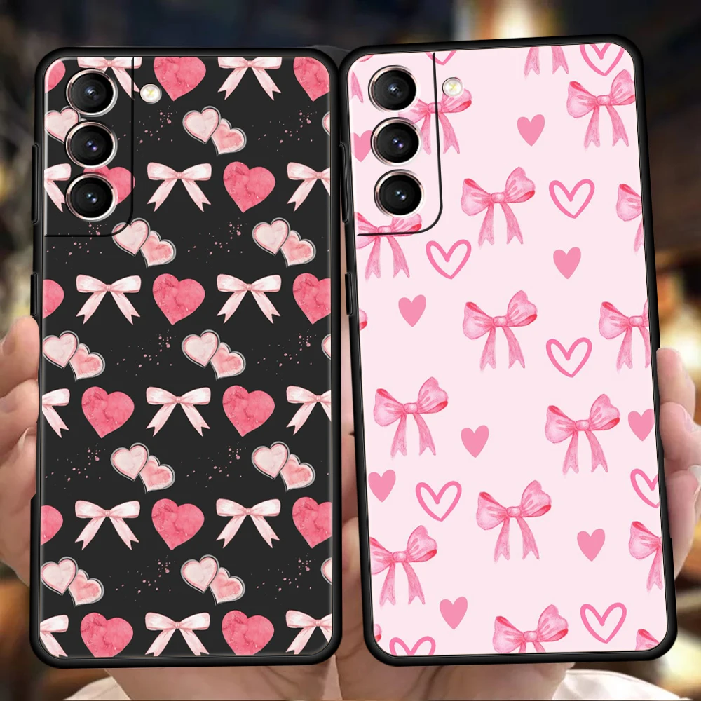 Funda de teléfono con lazo de corazón rosa para Samsung Galaxy S25 Edge S24 S23 S22 Ultra S20 S21 FE 5G S10 S9 Plus S10E, funda suave