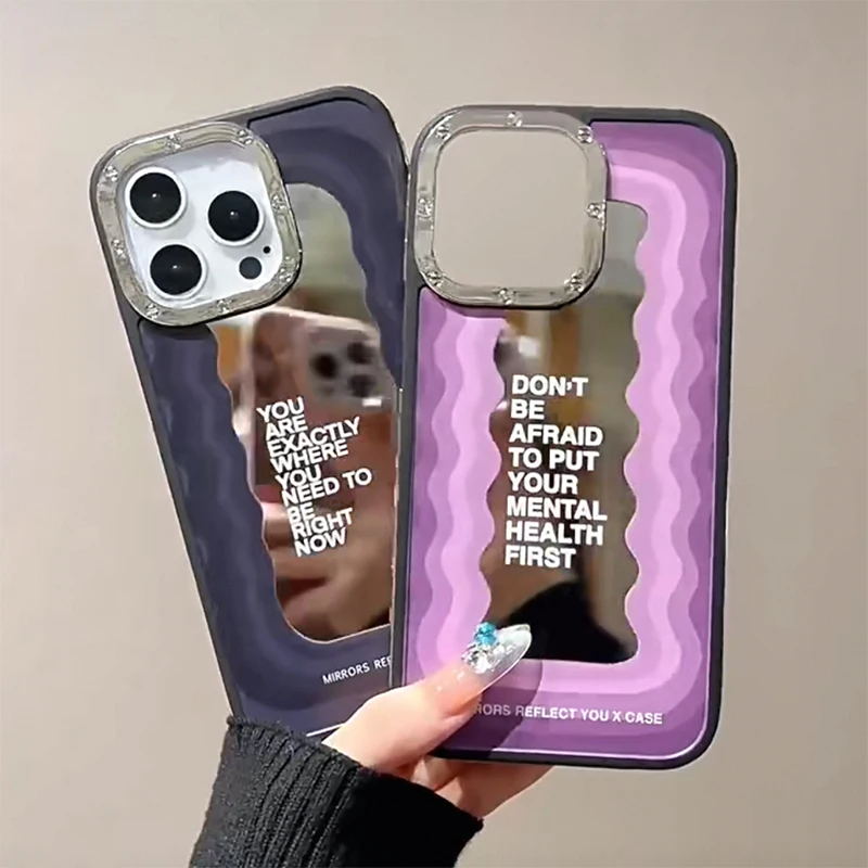 Funda de teléfono con cara de espejo de onda curva Ins para iPhone 16 15 13 14 Pro Max carcasa trasera dura acrílica a prueba de golpes - imagen 2